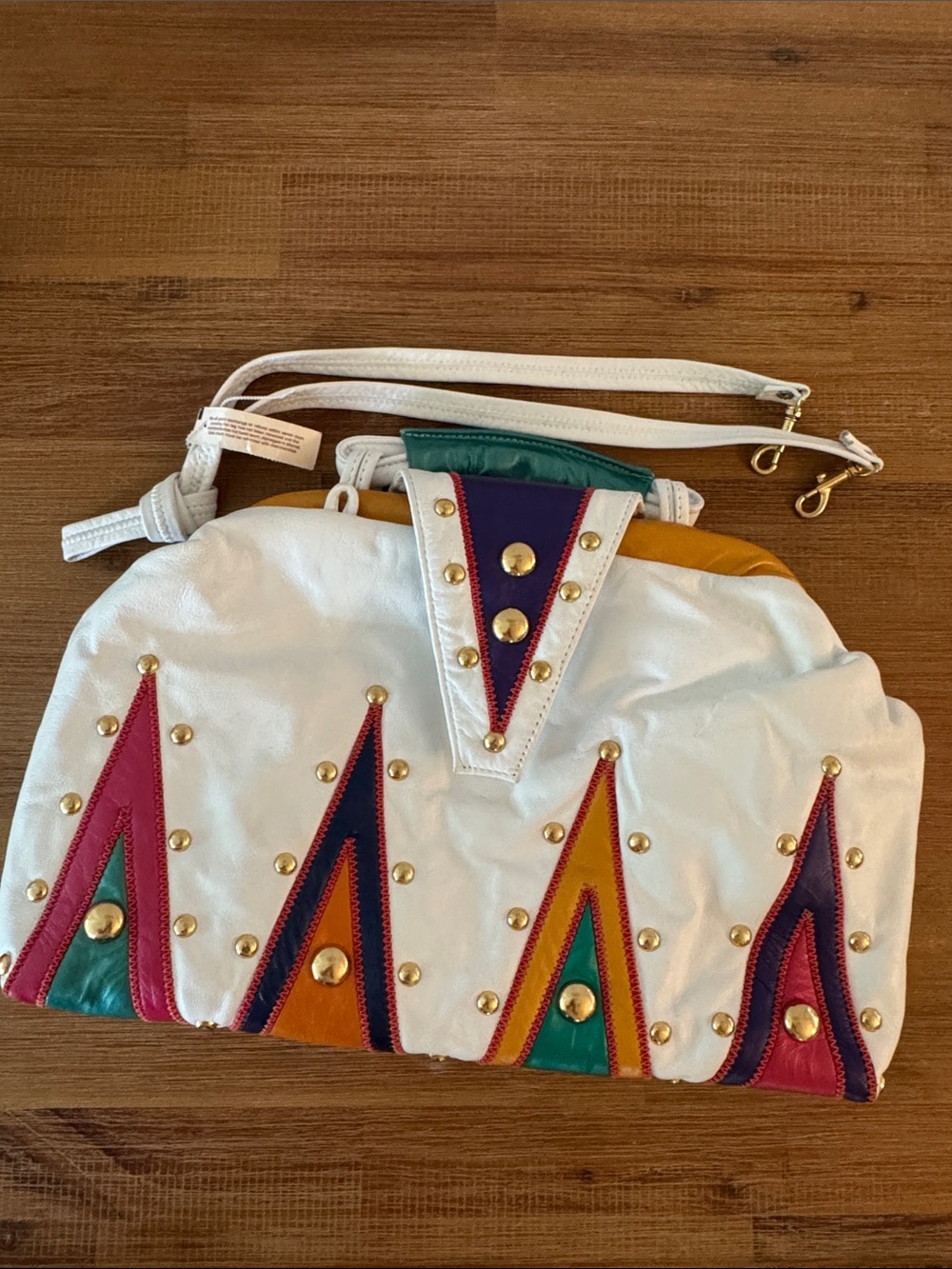 NWT Vintage Samir Handbags White Leather Studded Colorblock Satchel USA - Picture 7 of 12